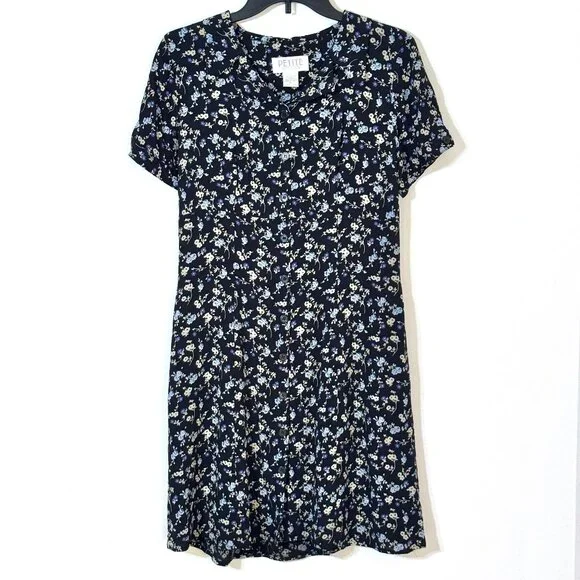Vtg 90s Petite Sophisticate Button Front Rayon Dress Micro Floral Grunge - Picture 1 of 14
